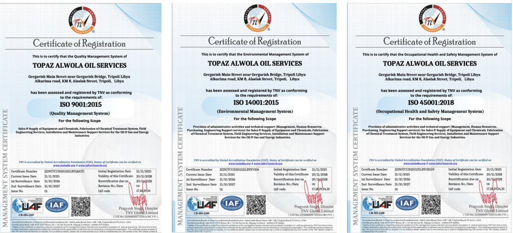 Topaz Oil Services Achieves ISO 9001, ISO 14001 & ISO 45001 Certifications